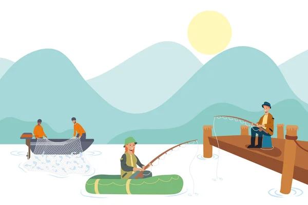 湖中的渔民 — 图库矢量图片