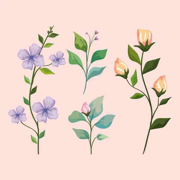 Fleurs avec des feuilles icône collection — Image vectorielle
