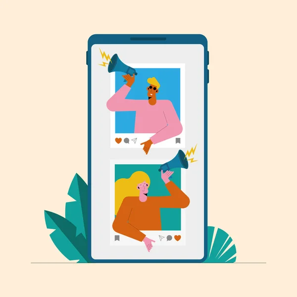 Influencers pareja en smartphone — Vector de stock