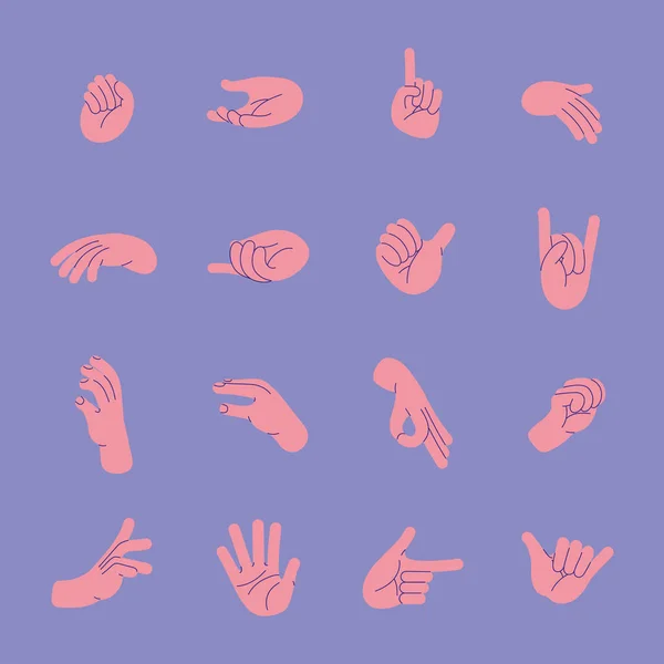 Sixteen hands gestures — Stock Vector