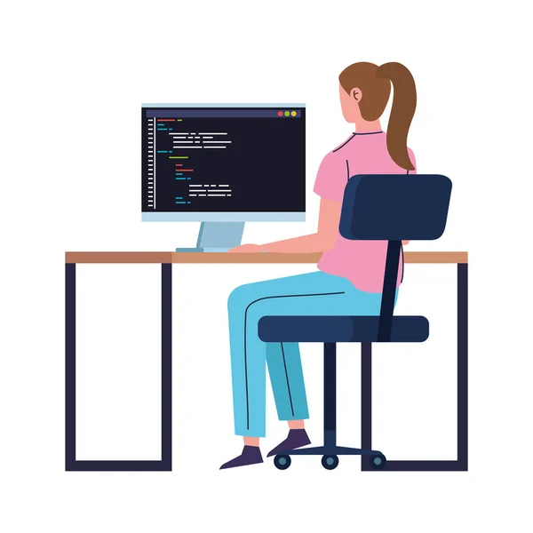 コンピュータを扱う女性プログラマーは — ストックベクタ