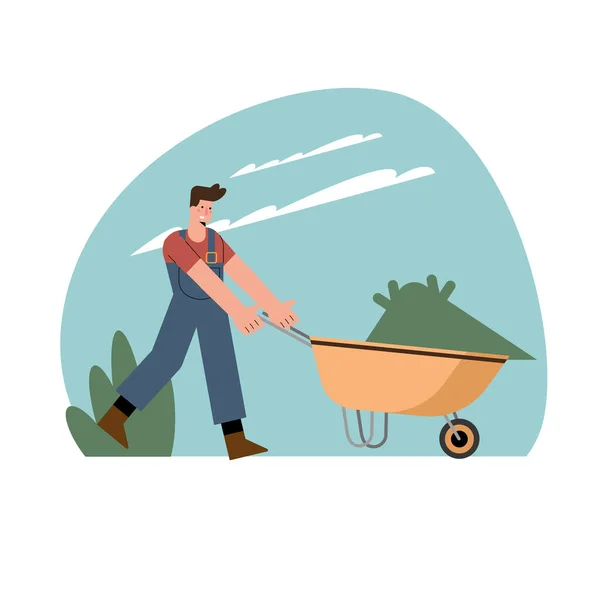 Gardener with wheelbarrow scene — ストックベクタ