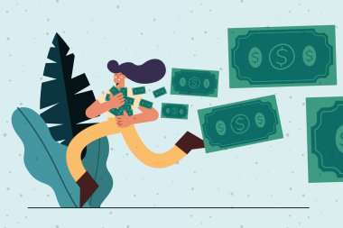 woman running with bills