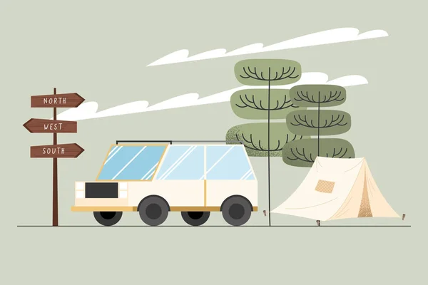 Van in camping scene — Stock Vector