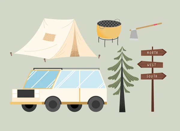 Seis iconos de camping — Vector de stock