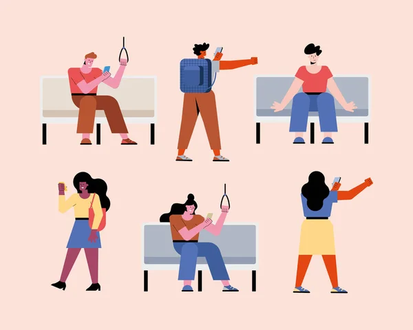 Seis personas en metro — Vector de stock