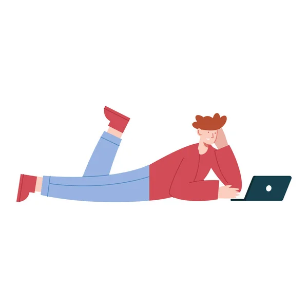 Man lying using laptop — Stock Vector