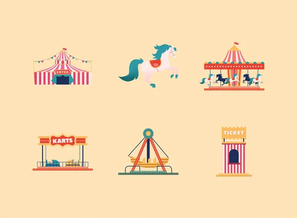 Seis iconos del parque de atracciones — Vector de stock