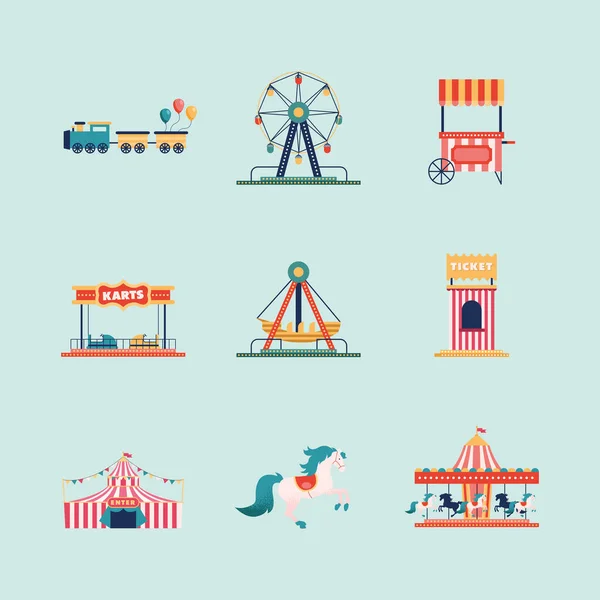 Nueve iconos del parque de atracciones — Archivo Imágenes Vectoriales