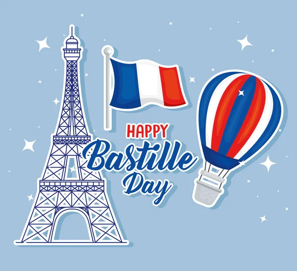 Bastille nap Eiffel-torony és hőlégballon — Stock Vector