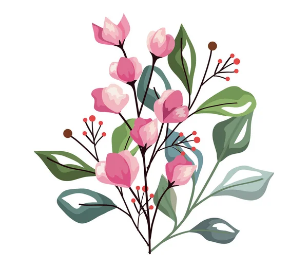 Розовые цветы и ягоды с листьями — стоковый вектор