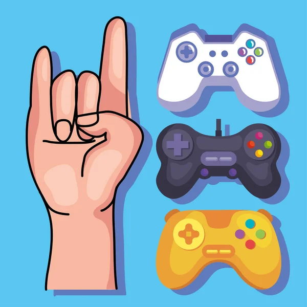 Juego de controles de manos y videojuegos — Vector de stock