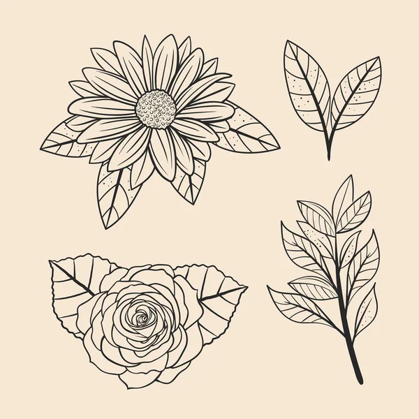 Листья и цветы набор символов — стоковый вектор