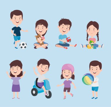 Kids cartoons with toys icon set