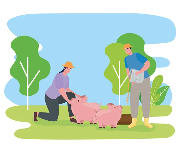 Фермеры кормят свиней — стоковый вектор