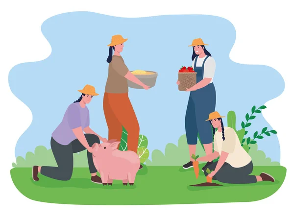 Farmers women with piggy — Vector de stock