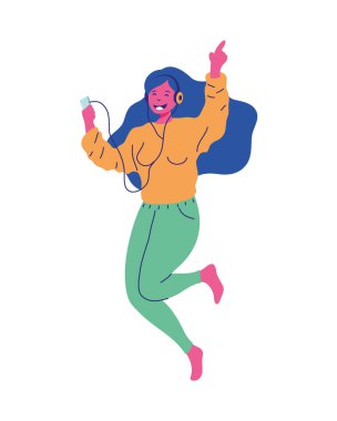 Kadın çizgi film müzik dinliyor.