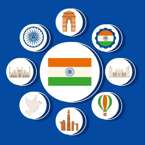 Fag with india independence day icons — Stock Vector