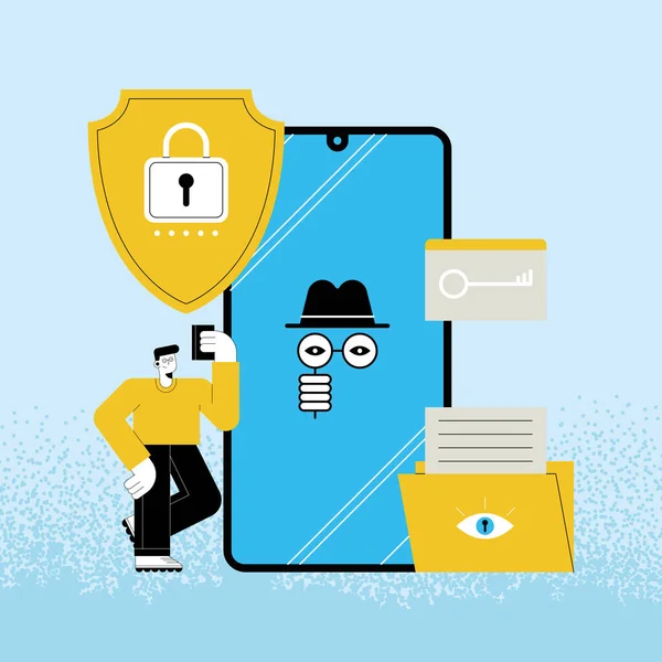 Cybersecurity gebruiker in smartphone — Stockvector