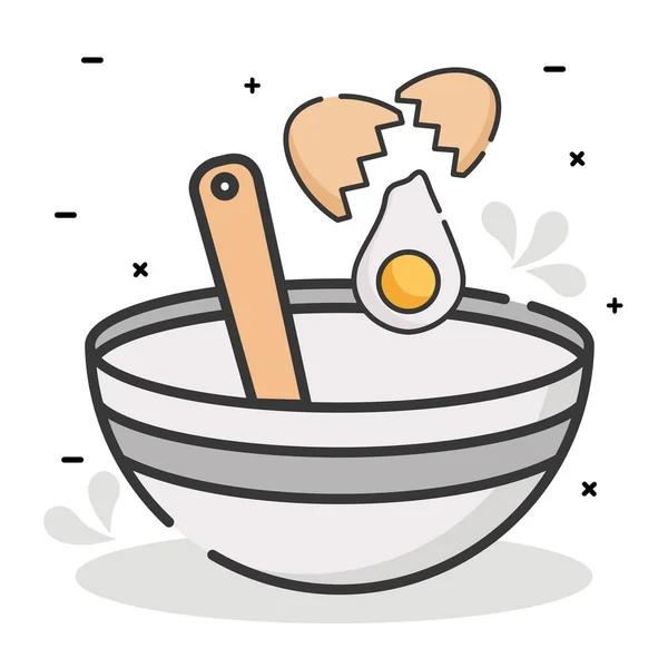 Ciotola da cucina con cucchiaio e uovo rotto — Vettoriale Stock