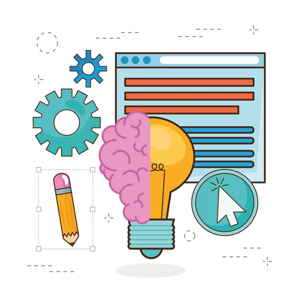 Lâmpada com cérebro e ícones —  Vetores de Stock