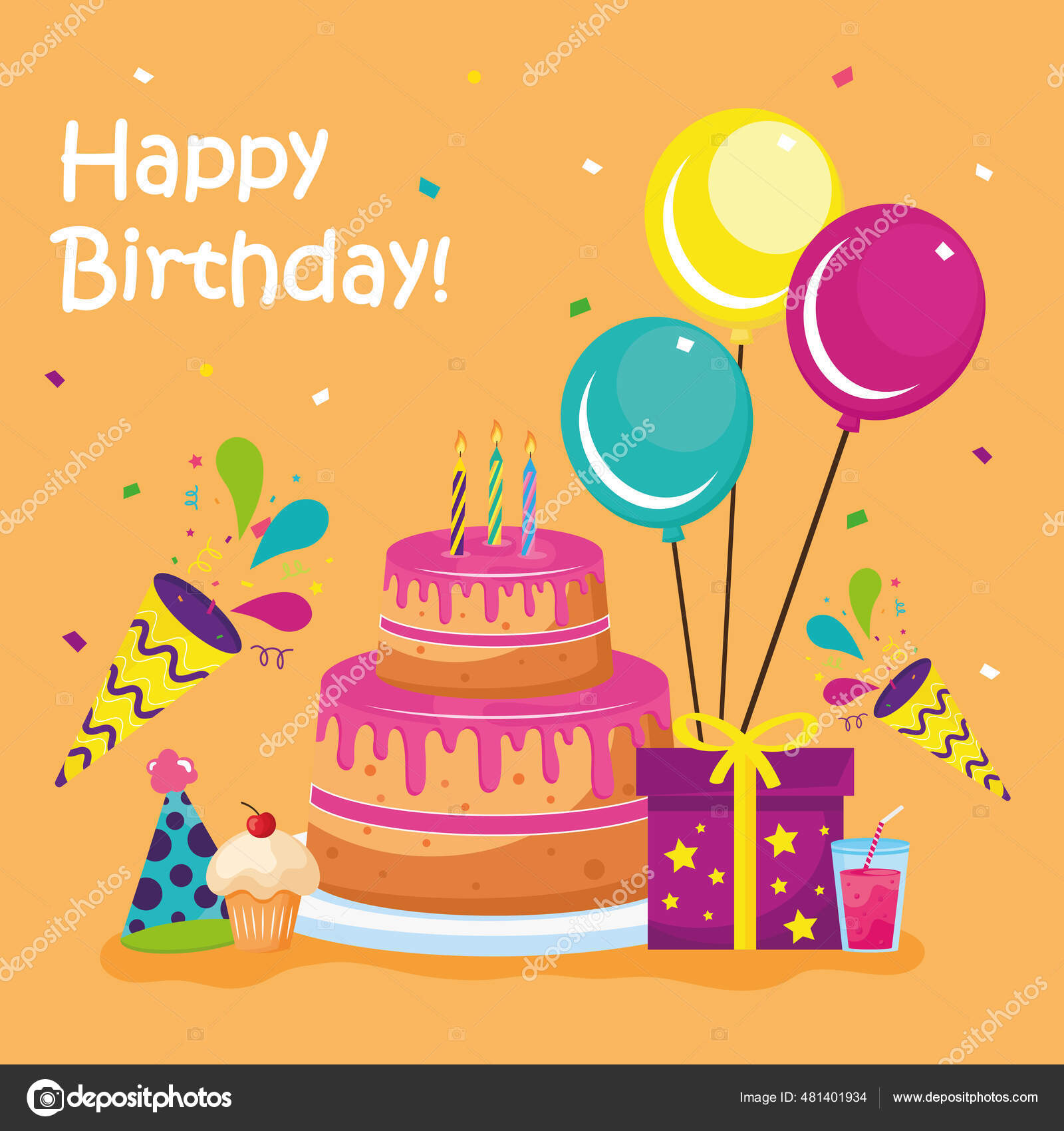 Happy birthday cake with icon set Stock Illustration by ©yupiramos ...