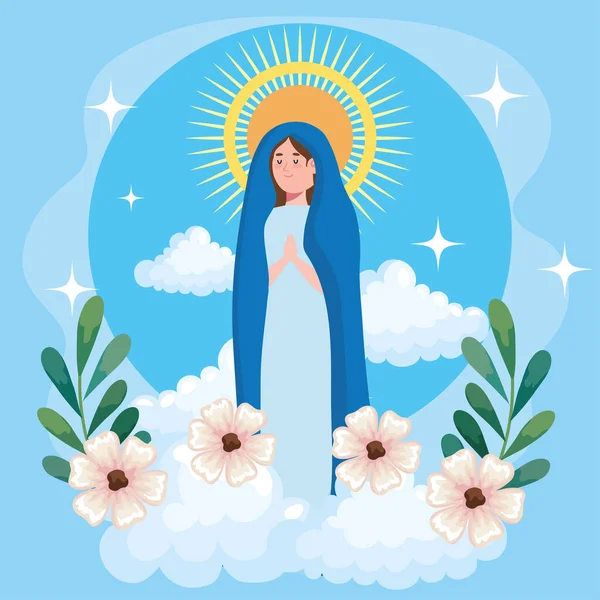 Asunción de María con flores y nubes — Vector de stock