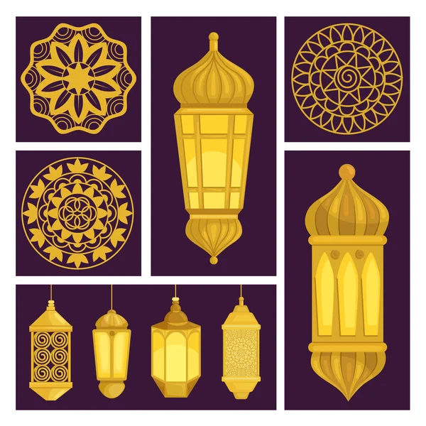 黄金阿拉伯灯笼和曼德勒图标集 — 图库矢量图片