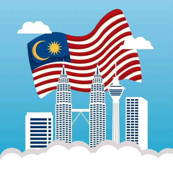 Bandera y edificios de Malasia — Vector de stock