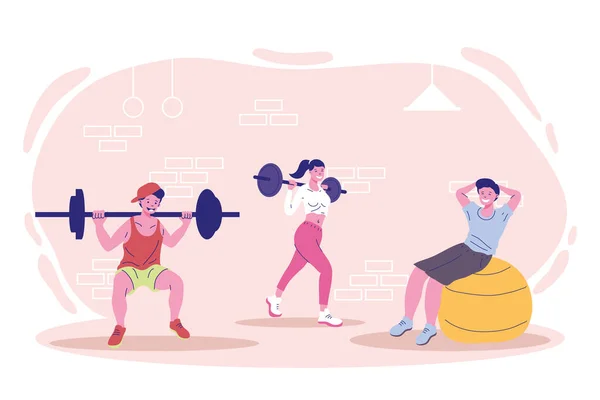 Trois personnages fitness sport — Image vectorielle