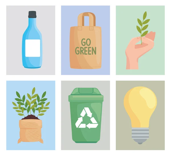 Eco friendly seis iconos — Archivo Imágenes Vectoriales