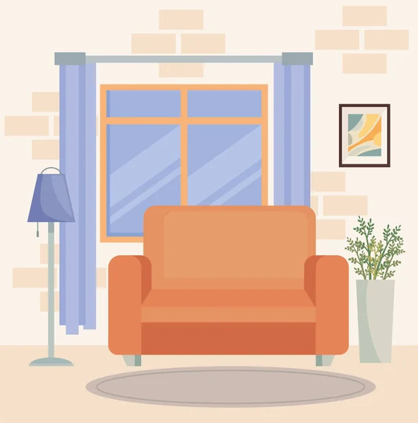 Sala de estar con sofá naranja — Vector de stock