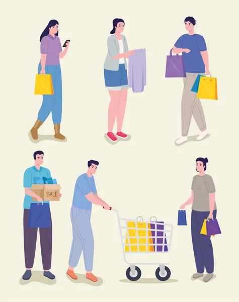 Journée shopping cinq personnes — Image vectorielle