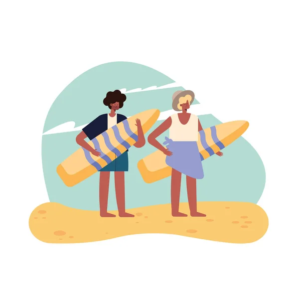Жінка і чоловік з літнім дошкою для серфінгу — стоковий вектор