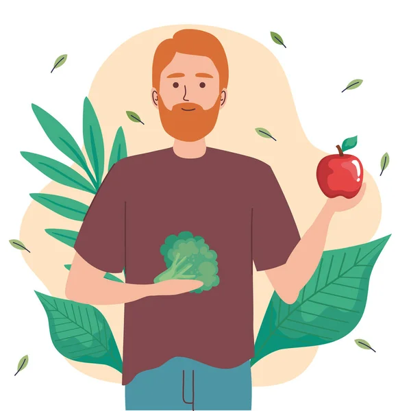 Hombre con verduras y hojas — Vector de stock