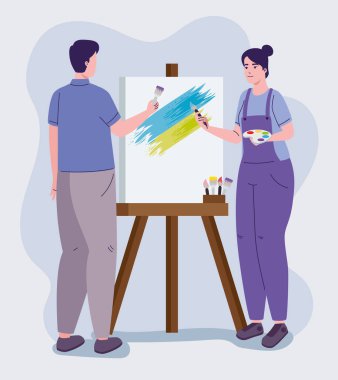 Ressam tuvalde resim yapıyor