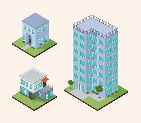 Isometric buildings with greenery — Stock Vector