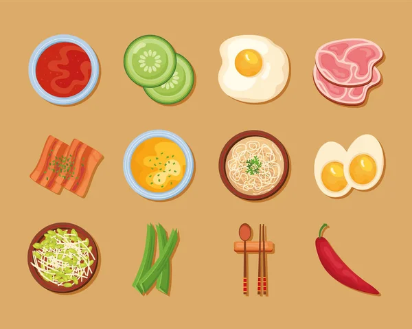 Doze ícones de comida coreana — Vetor de Stock
