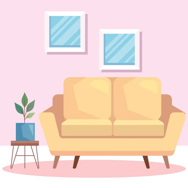 Sofá amarillo y planta de interior — Vector de stock