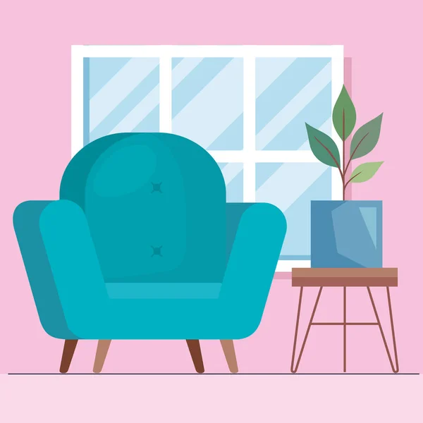 Sofá verde y planta de interior — Vector de stock