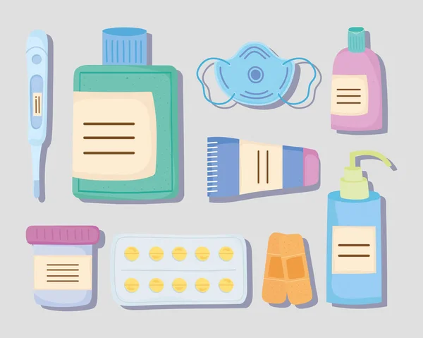 Neuf kits de médicaments icônes — Image vectorielle