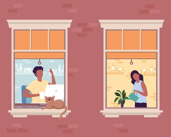 Couple afro dans les fenêtres — Image vectorielle