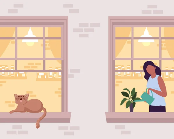 Žena a kočka v oknech — Stockový vektor