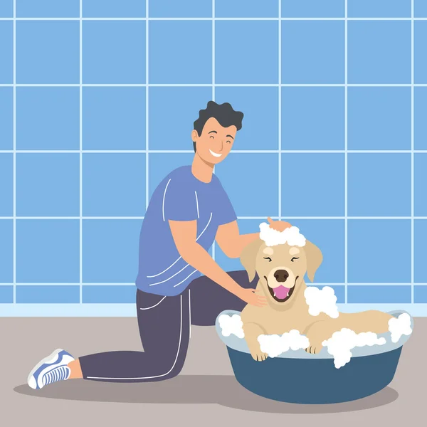 Man bathes an puppy — Stock Vector