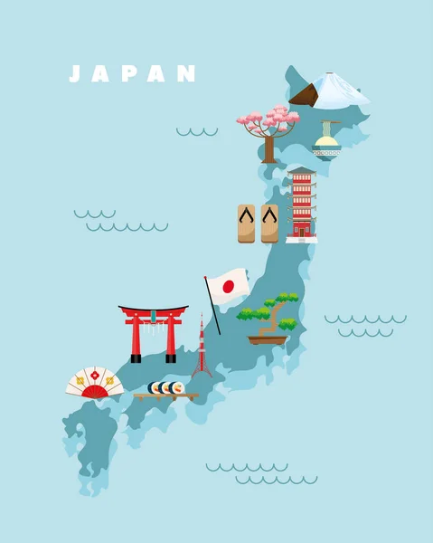 Japón mapa e iconos — Vector de stock