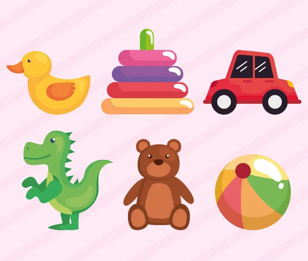 Seis niños juguetes iconos — Vector de stock