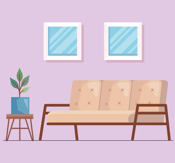 Sofá beige y planta de interior — Vector de stock