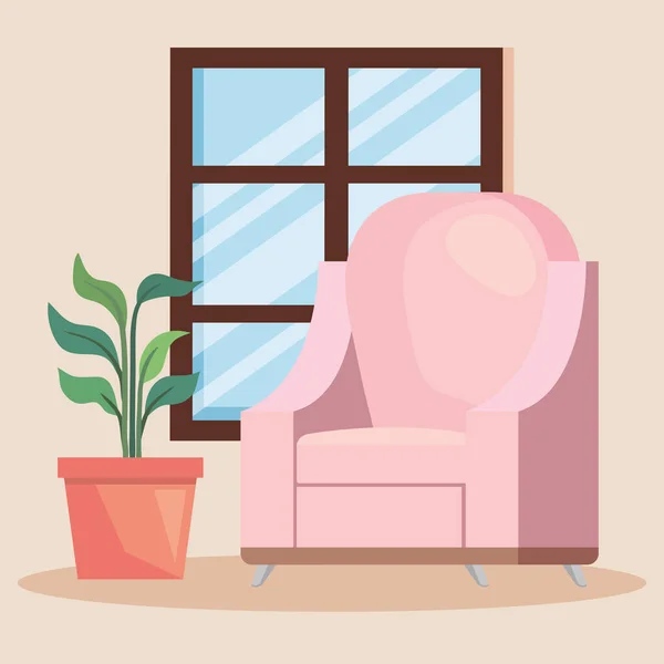 Sofá rosa y planta de interior — Vector de stock