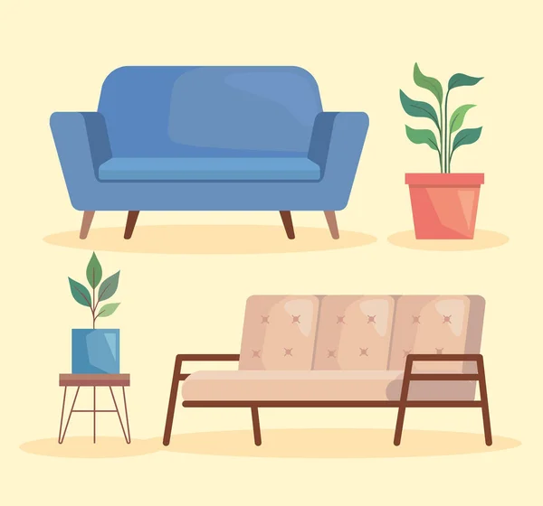 Dua sofa dan tanaman rumah tangga - Stok Vektor