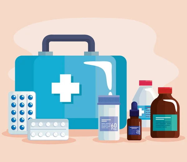 Ilk yardım çantası ve ilaç simgeleri — Stok Vektör